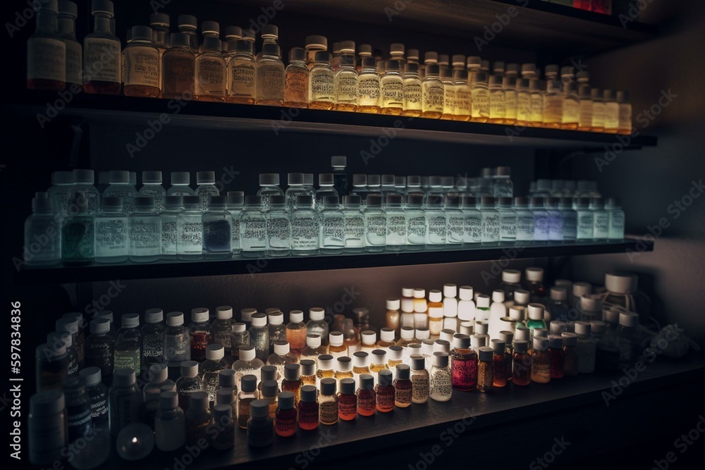 A shelf with numerous medicine bottles and pills, presented in 3D. Generative AI