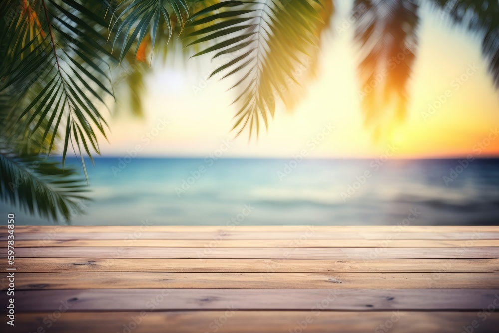 Wooden table top on blur tropical beach with palm leaves - vintage filter.