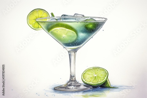 An isolated watercolor illustration of a margarita cocktail with a lime slice on a white background. Generative AI