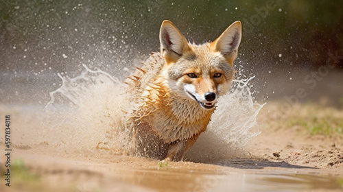 The fox runs after his prey on the water