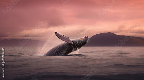 A whale jumping against a pink sunset © Mike