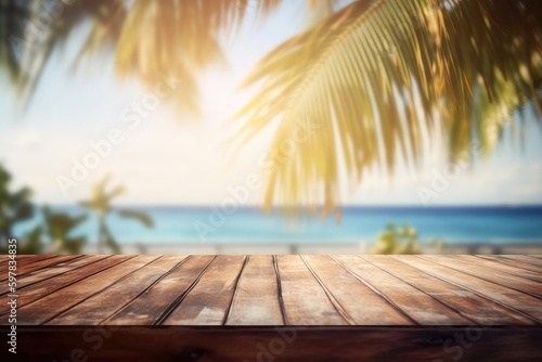 Wood table top on blur tropical beach background - can be used for display or montage your products.