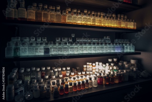A shelf with numerous medicine bottles and pills, presented in 3D. Generative AI