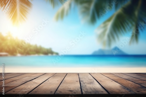 Wooden table top over blur tropical beach background, product display montage.