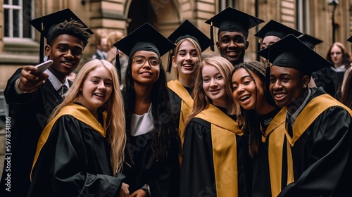 A diverse group of graduates taking a selfie together, with their caps and gowns on, smiling and celebrating their achievements. Generative AI