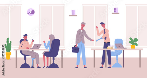 Handicapped people working in office. Inclusive workplace with people with disabilities. Men with hand and leg prosthesis