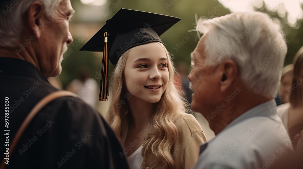 Fototapeta premium A young graduate in cap and gown, standing with their supportive grandparents on the university campus. Generative AI