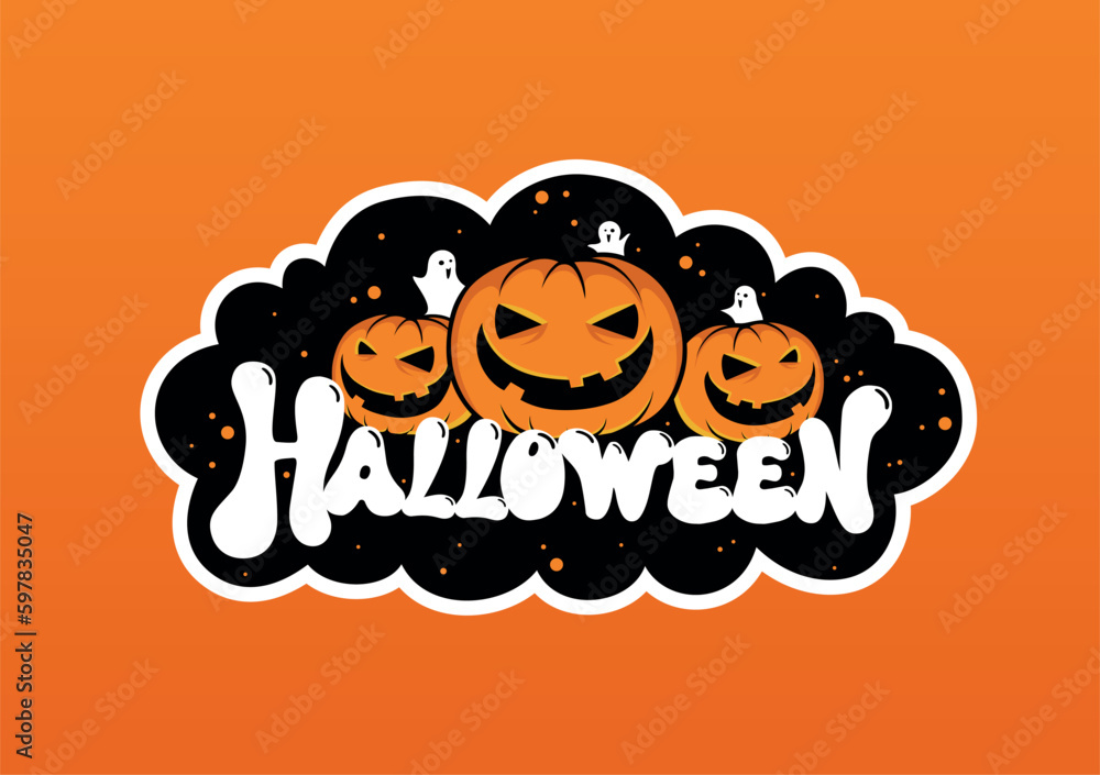 Happy Halloween. Vector cute illustration poster with happy halloween lettering with bats, spider web, ghost and pumpkin for postcard creation
