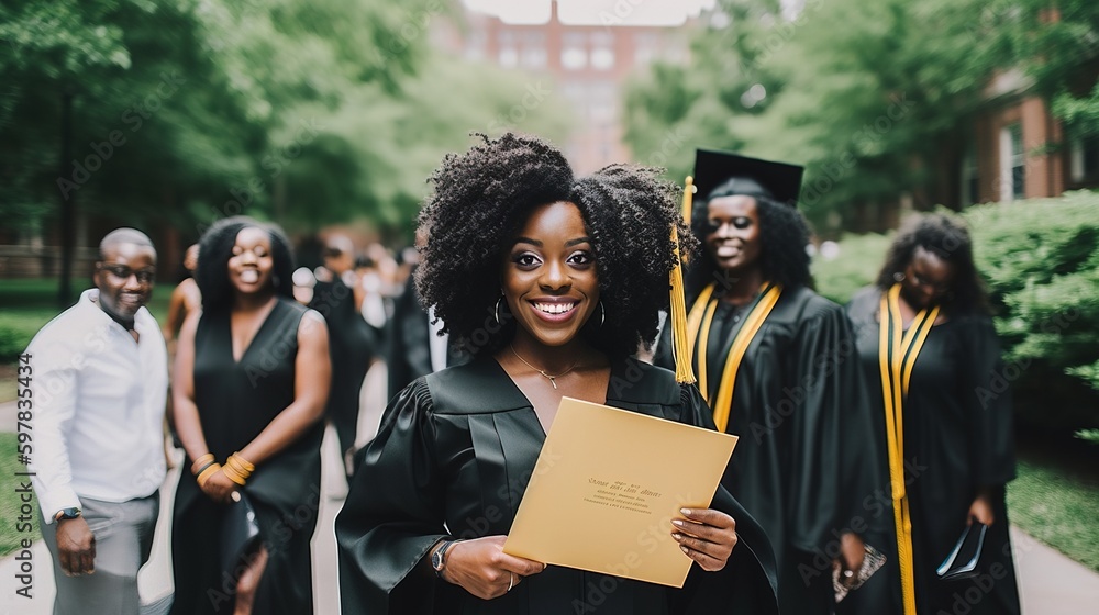 Obraz premium A young female graduate with dark skin and curly hair, wearing her graduation gown and mortarboard, proudly holding her diploma while standing on the university campus. Generative AI