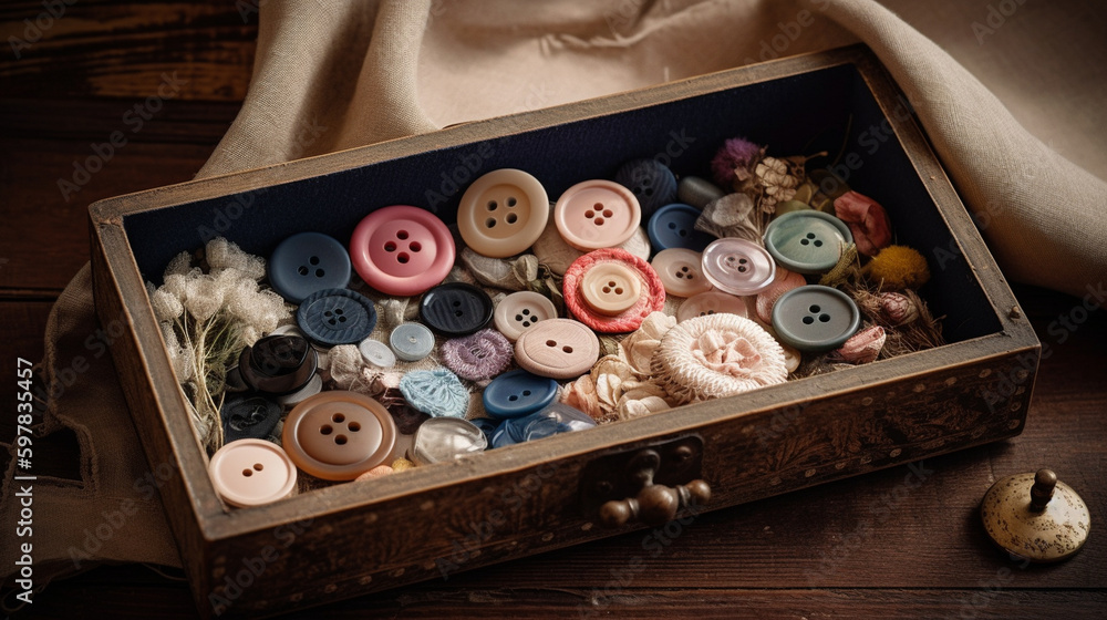 banner, A collection of antique buttons in a box. Mother's Day Generative AI