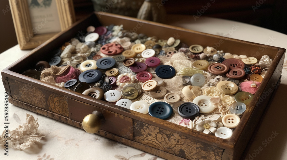 banner, A collection of antique buttons in a box. Mother's Day Generative AI
