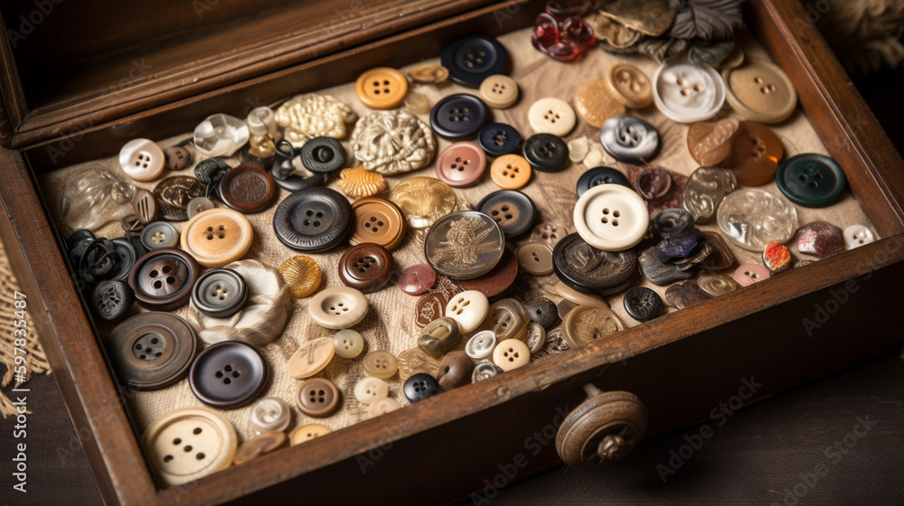 banner, A collection of antique buttons in a box. Mother's Day Generative AI banner, A collection of antique buttons in a box. Mother's Day Generative AI