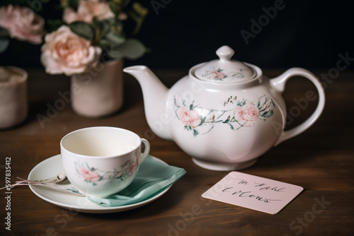 A teapot and teacup set with a handwritten note. Mother's Day Generative AI