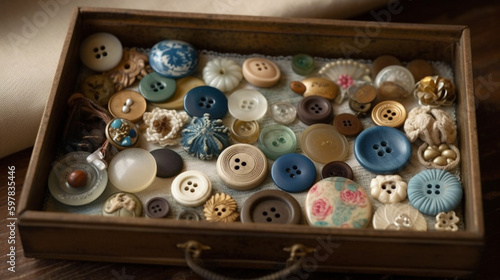 banner, A collection of antique buttons in a box. Mother's Day Generative AI