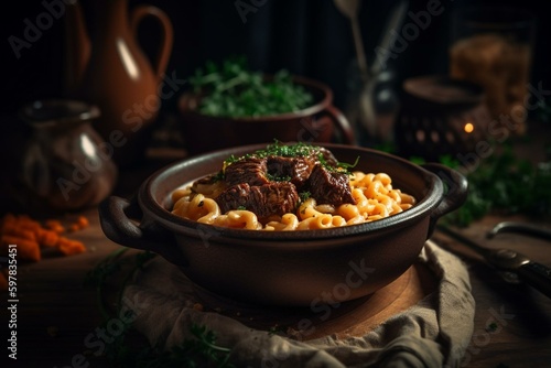 Traditional Hungarian braised venison goulash with vegetables and spaetzle in a spicy sauce served close-up in a Nordic design bowl. Generative AI © Soraya
