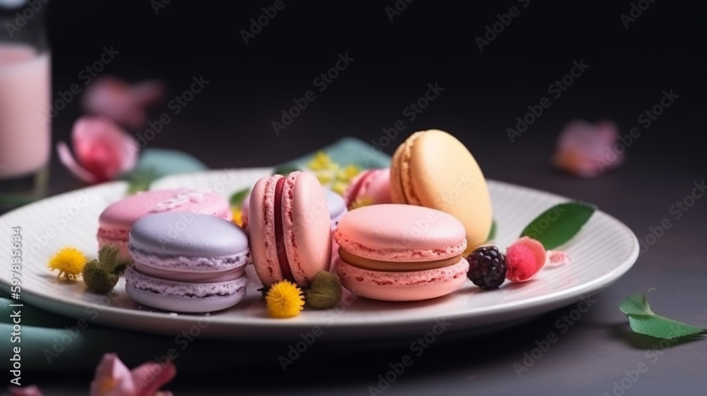 banner, A set of colorful macarons on a plate. Mother's Day Generative AI banner, A set of colorful macarons on a plate. Mother's Day Generative AI