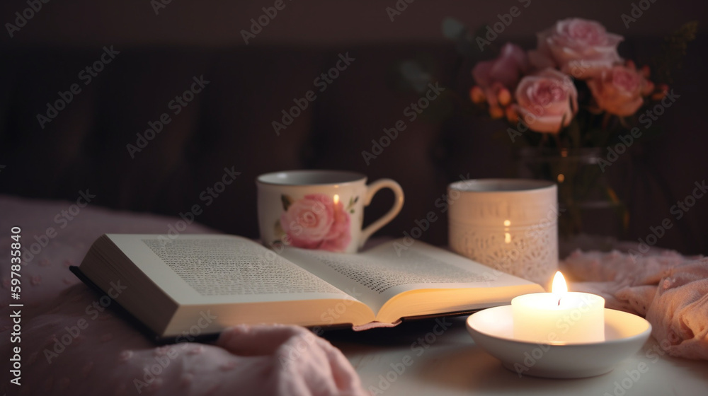 banner, A candle and a book on a cozy reading nook. Mother's Day Generative AI
