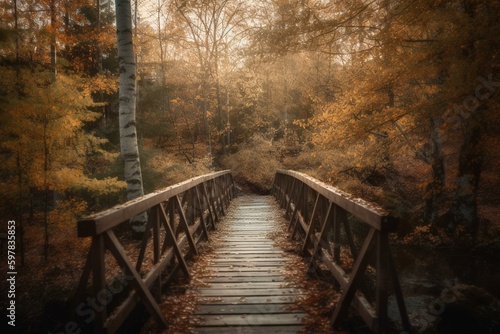 A quaint wooden bridge spans between trees amidst fallen autumn leaves in Trollskogen Vresbokarna. Sunlit ethereal path in the forest. Generative AI © Seraphine