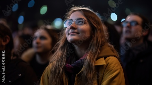 An electrifying photograph of a concertgoer completely absorbed in the music, surrounded by the energy of the crowd and the power of the performance. Generative AI