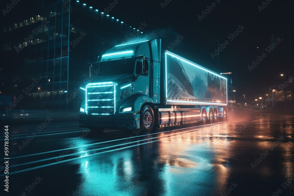 Autonomous big rig transports goods at night. Generative AI