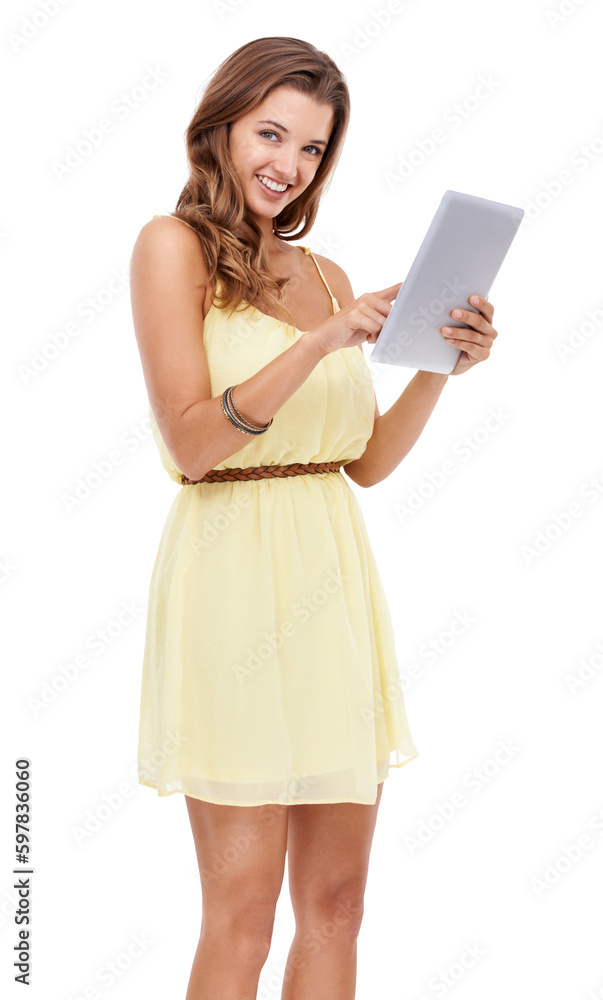 Isolated woman, tablet and smile in portrait with app, website or internet search by transparent png background. Student girl, happy and mobile touchscreen on social media, blog or funny video on web Isolated woman, tablet and smile in portrait with app, website or internet search by transparent png background. Student girl, happy and mobile touchscreen on social media, blog or funny video on web