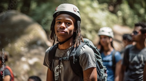 Portrait of young black man with helmet during rock climbing trip. Generative AI © 22Imagesstudio