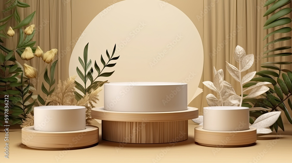 Minimal modern product display podium on beige background with tropical leaves, ai gnerated