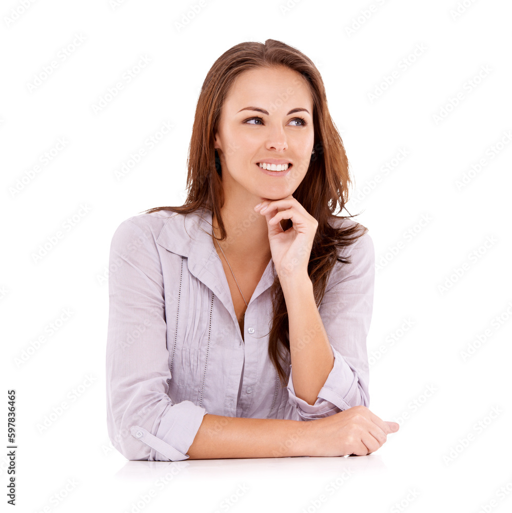 Woman is thinking about ideas, inspiration and thoughtful mindset with smile isolated on transparent, png background. Female person pondering, memory and wondering with questions and problem solving Woman is thinking about ideas, inspiration and thoughtful mindset with smile isolated on transparent, png background. Female person pondering, memory and wondering with questions and problem solving