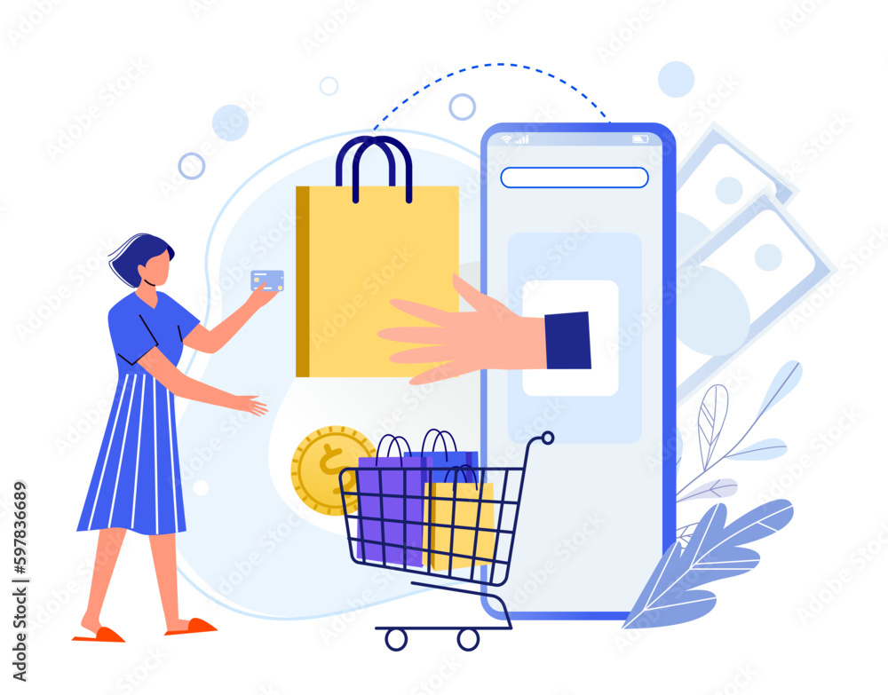 Online shopping app. Woman paying for purchase by credit card. Smartphone screen with hand providing shopping bag Online shopping app. Woman paying for purchase by credit card. Smartphone screen with hand providing shopping bag