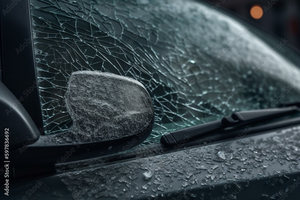 Stone impact on the front windshield with cracking. Generative AI
