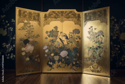 Golden folding screen with iris and hydrangea design. Generative AI photo