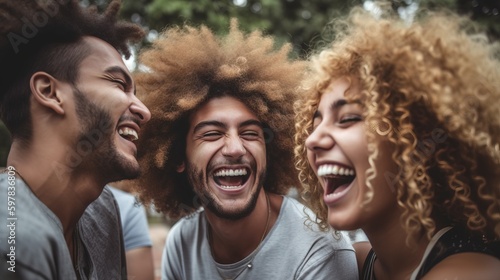 Accandid shot of a diverse group of friends wearing casual clothes, laughing together and celebrating their unique body types and beauty in an urban setting. Generative AI