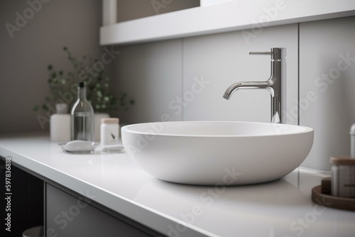 Contemporary white sink in gentle illumination on plain white backdrop, depicted in 3D graphics. Generative AI