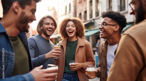 Candid shot of a diverse group of friends wearing casual clothes, laughing together and celebrating their unique body types and beauty in an urban setting. Generative AI