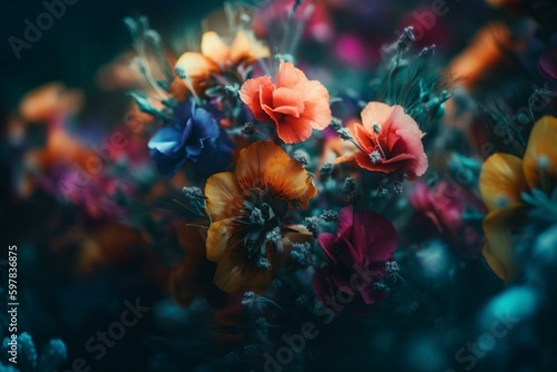 Blurred background showcasing AI-generated colorful floral fantasy. Generative AI