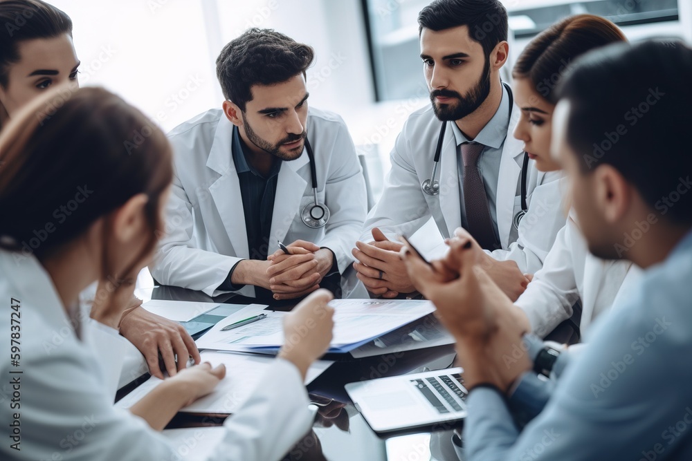 Diverse group of doctors discussing in a hospital conference room. Generative AI Diverse group of doctors discussing in a hospital conference room. Generative AI
