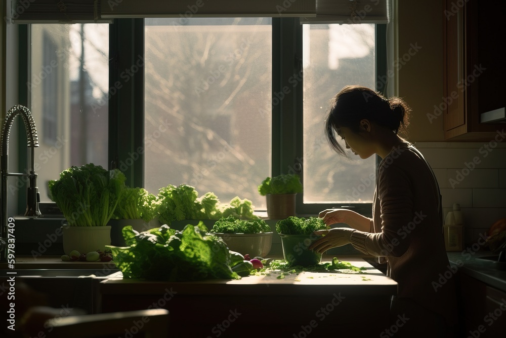 Closeup photo of a person cooking in their kitchen, with natural light streaming in and illuminating the scene. Generative AI Closeup photo of a person cooking in their kitchen, with natural light streaming in and illuminating the scene. Generative AI