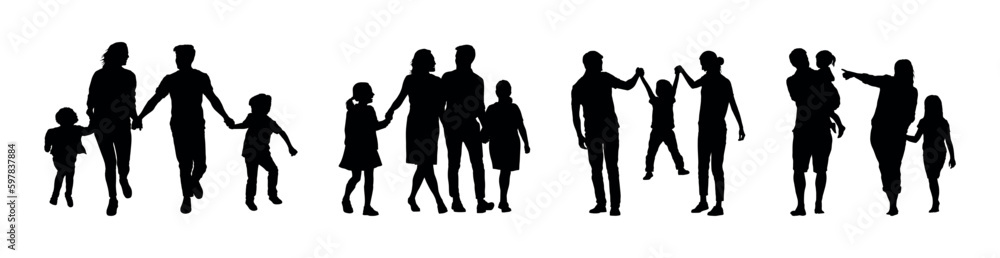 Parents with children walking and playing together various poses on white background silhouette set.