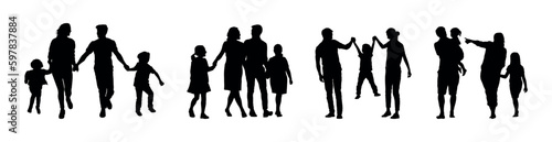 Parents with children walking and playing together various poses on white background silhouette set.