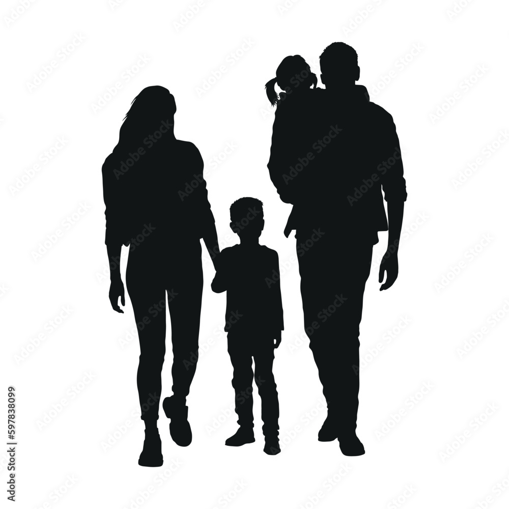 Family walking together silhouette vector. Father carrying daughter and mother holding hands son silhouette.