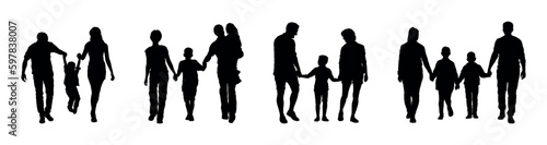 Family and kids holding hands while walking together silhouette set collection.