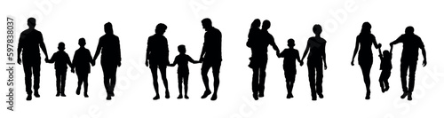 Happy family with children holding hands while walking together silhouette set collection.