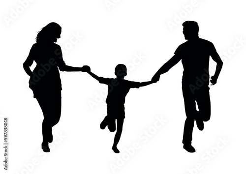 Family walking and running together outdoor vector silhouette.