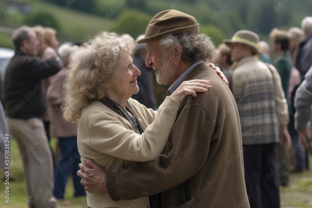 Fototapeta premium A couple in their 60s dancing together at an outdoor event, fully immersed in the moment and laughter. Generative AI