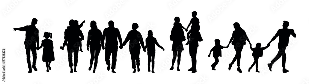 Family with kids holding hands walking together silhouette set.