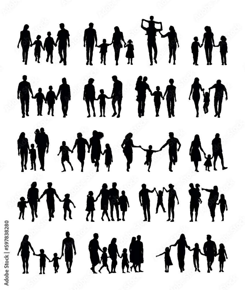 Family with kids walking and playing together various poses on white background silhouette set. Family with kids walking and playing together various poses on white background silhouette set.