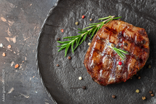 Grilled beef tenderloin steak. Restaurant menu, dieting, cookbook recipe top view