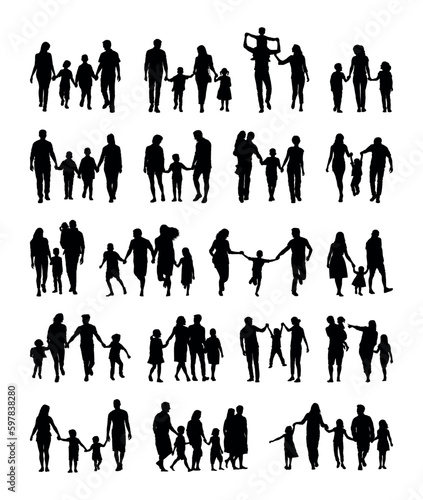 Family with kids walking and playing together various poses on white background silhouette set.