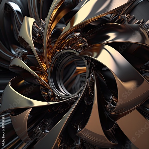 A large black and gold image of a spiral with a large number of curves created using generative AI tools photo