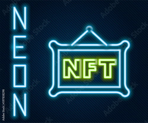 Glowing neon line NFT Digital crypto art icon isolated on black background. Non fungible token. Colorful outline concept. Vector